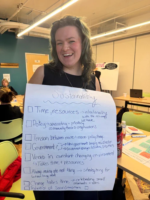 A smiling woman holds up a large piece of white paper featuring a handwritten list under the heading "Sustainability."
