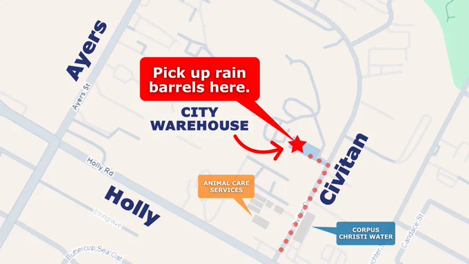 Map showing pickup location for rain barrels at City Warehouse #6 on Civitan Drive