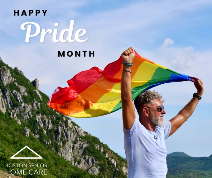 An older man waving a pride flag above his head, with the words "Happy Pride Month" and the BSHC logo.
