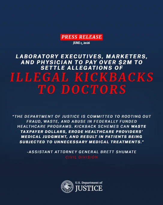 Laboratory Executives, Marketers, and Physician to Pay Over $2M to Settle Allegations of Illegal Kickbacks to Doctors “The Department of Justice is committed to rooting out fraud, waste, and abuse in federally funded healthcare programs,” said Assistant Attorney General Brett A. Shumate of the Justice Department’s Civil Division. “Kickback schemes can waste taxpayer dollars, erode healthcare providers’ medical judgment, and result in patients being subjected to unnecessary medical treatments.”