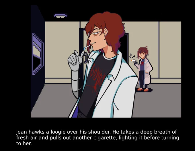Screenshot of my vn game. In the background is the in game pixel art sprote of jean smoking a cigarette in the living room. In the foreground is Jean’s 2D profile sprite lighting a cigarette. On the bottom is a black text box with white text. The text reads: “Jean hawks a loogie over his shoulder. He takes a deep breath of fresh air and pulls out another cigarette, lighting it before turning to her”