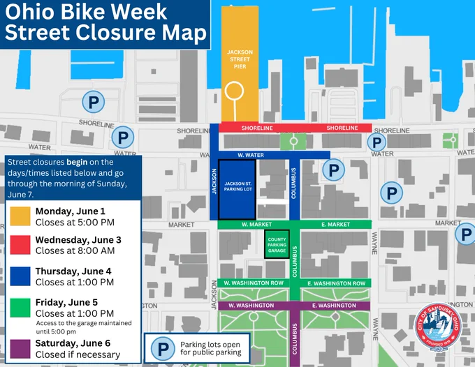 Ohio Bike Week street closure map showing road closures and parking information for June 1-7.