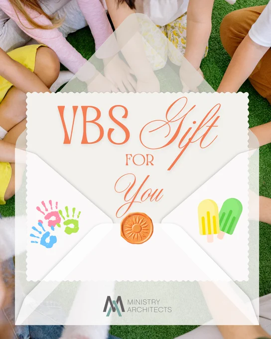 An envelope labeled 'VBS Gift for You' with colorful handprints and popsicles, surrounded by children sitting on grass.
