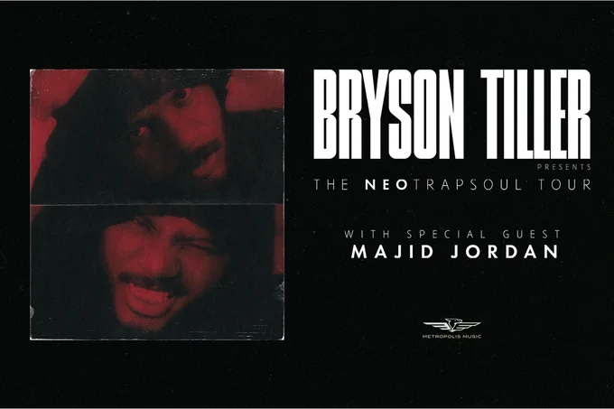 Promotional poster for Bryson Tiller's Neotrapsoul Tour featuring Majid Jordan, with bold white text and a dark red portrait.