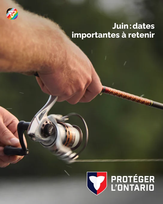 Un gros plan d’une personne qui fait remonter une canne de pêche. Le texte dit : « Juin : dates importantes à retenir ». 