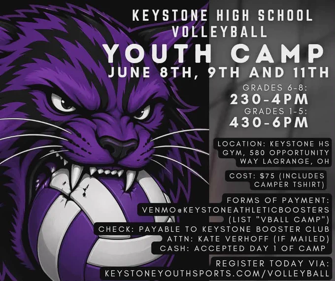 The image is a flyer for "Keystone High School Volleyball Youth Camp" on June 8th, 9th, and 11th. It includes a purple and white wildcat logo. Camp for grades 6-8 is from 2:30 to 4 PM, and for grades 1-5 from 4:30 to 6 PM. The location is Keystone High School in Lagrange, Ohio. Cost is $75 with forms of payment listed. Registration details are provided at keystoneyouthsports.com/volleyball.