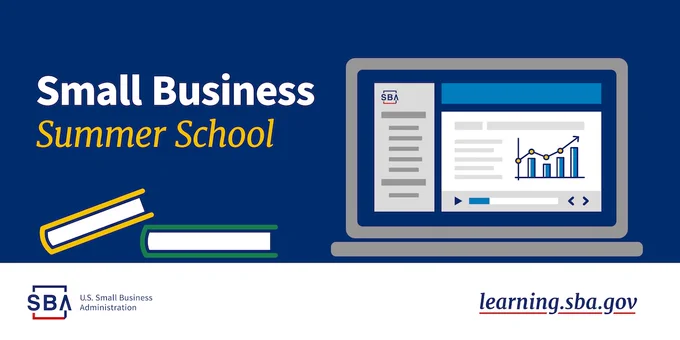 Illustration of a laptop and two books with the following text: Small Business Summer School. The SBA logo is at the bottom.