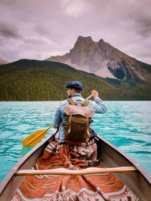 Canoeing on Emerald Lake, Yoho National Park.