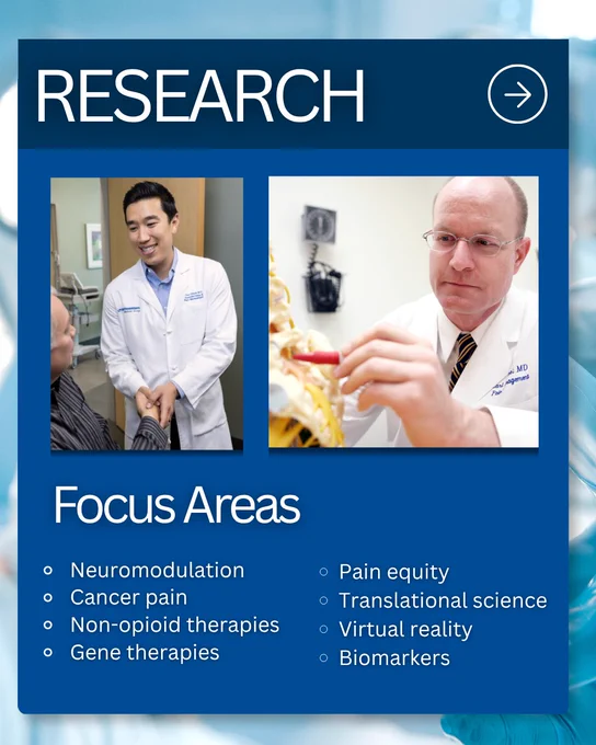 Research, Focus Areas: neuromodulation, cancer pain, non-opioid therapies, gene therapies, pain equity, translational science, virtual reality, biomarkers