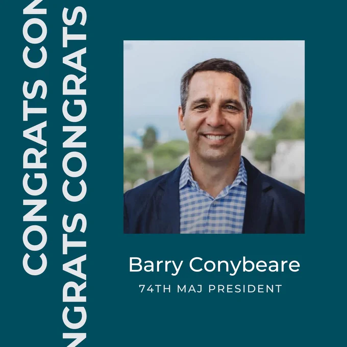 An image featuring a headshot of incoming MAJ President Barry Conybeare. He is now the 74th president of MAJ. This image has the word "Congrats written along the side. 