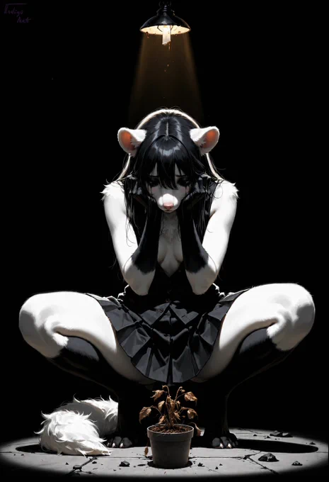 Dutchess, a white anthropomorphic ferret with long black hair, sits under a harsh overhead lamp in a dark room. She is hunched forward with her hands pressed to the sides of her head, looking down at a dead potted plant on the cracked floor between her feet. The scene is dramatic and somber, with stark black shadows, a narrow spotlight, scattered debris, and a lonely, mournful mood.