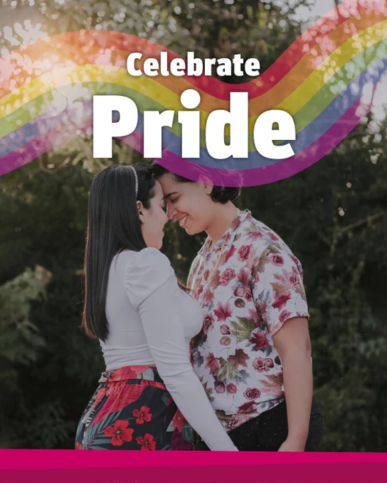 Smiling couple embracing in an outdoor setting with a rainbow overlayed and the words “Celebrate Pride”.