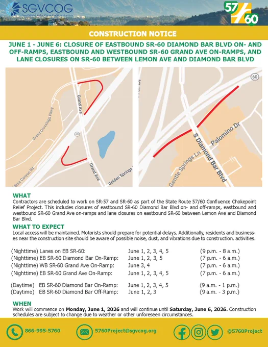 Construction notice for the SR-57/60 Confluence Chokepoint Relief Project. From June 1–6, closures include the eastbound SR-60 Diamond Bar Boulevard on- and off-ramps, eastbound and westbound SR-60 Grand Avenue on-ramps, and lane closures on eastbound SR-60 between Lemon Avenue and Diamond Bar Boulevard. Daytime and overnight closures are scheduled throughout the week. Drivers should expect delays; local access will remain open. Contact SGVCOG at 866-995-5760.