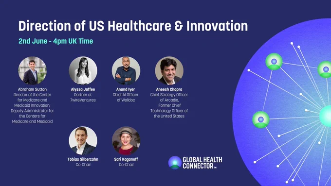 The image is a digital poster for an event titled "Direction of US Healthcare & Innovation," scheduled for 2nd June at 4pm UK Time. It features the names and titles of speakers: Abraham Sutton, Alyssa Jaffee, Anand Iyer, and Aneesh Chopra, along with co-chairs Tobias Silberzahn and Sari Kaganoff. The Global Health Connector  logo appears at the bottom, and a blue and green abstract network design is on the right.