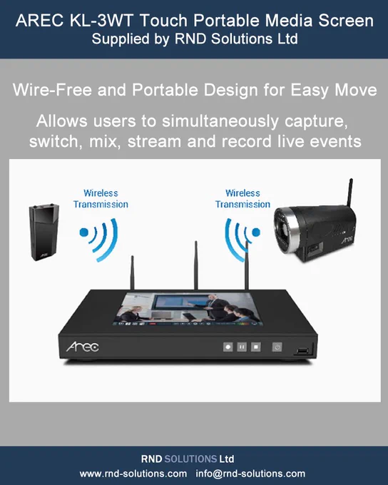 The Arec KL-3WT Touchscreen Portable Media Station is an
All-in-One Device with 10.1” Touch Panel to Offer Up to 3 Full HD Video Sources Capturing, Mixing, Switching, Recording and Live Streaming.

BENEFITS
1. Wire-Free and Portable Design for Easy Move and Place
2. HDMI, VGA, RJ-45, Streaming, and Compatible Wireless Inputs
3. AREC Online Director: Easily Add Background Images, Overlays and Change Video Layouts in Video Making
4. Broadcast Your Mixed Video to up to 2 Platforms Simultaneously
5. Built-In Video Manager: Remote Management
6. Available APIs for Software Server Integration

Click here for Arec products:-
https://www.rnd-solutions.co.uk/store/search.php

#arec #areckl3wt #videostreaming #livestreaming #mediastationproductions #videomanager #mediastation #AREC #AVoIP #Streaming #Recording #audiovisual #proav #lecturecapture 