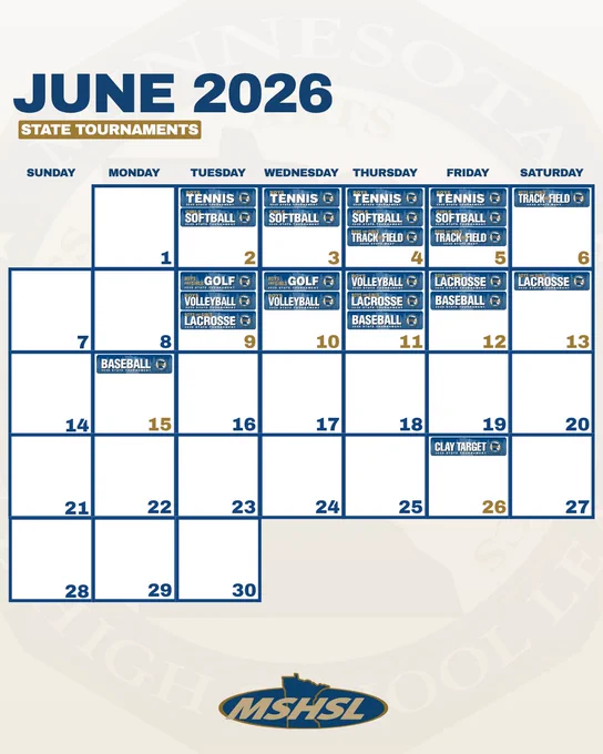 MSHSL State Tournaments shown on June 2026 calendar. Full schedules at mshsl.org/tournaments.