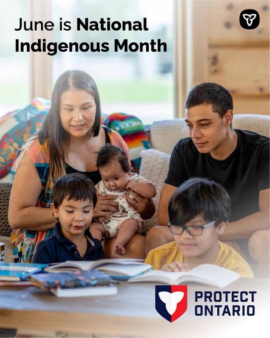 Family reading together with message that June is National Indigenous Month