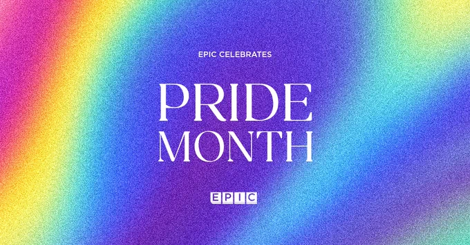 A colorful gradient background with the text "Epic Celebrates Pride Month" in bold letters. The Epic logo is displayed below.