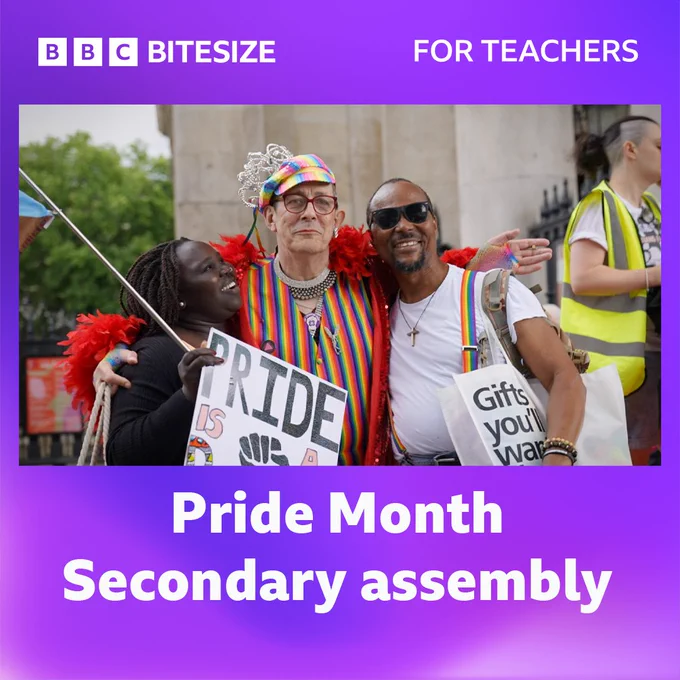 A photograph of three Pride march attendees. They have their arms around each other, smiling at the camera.