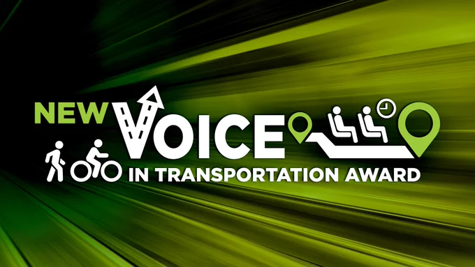 Green motion blurred lines, with New Voice in Transportation Award Text