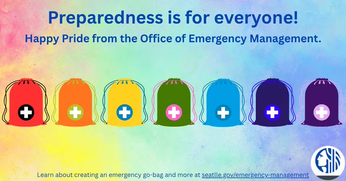 A line of backpacks in the color of the rainbow in the foreground with a pastel rainbow background. The words read Preparedness is for everyone in celebration of Pride month.

