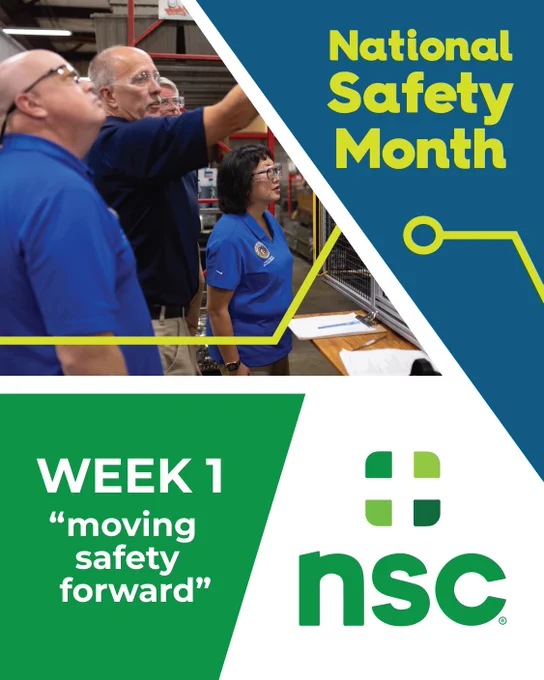 Missouri Department of Labor employees and director in blue uniforms discuss safety procedures in an industrial setting to represent National Safety Month Week 1 "moving safety forward"