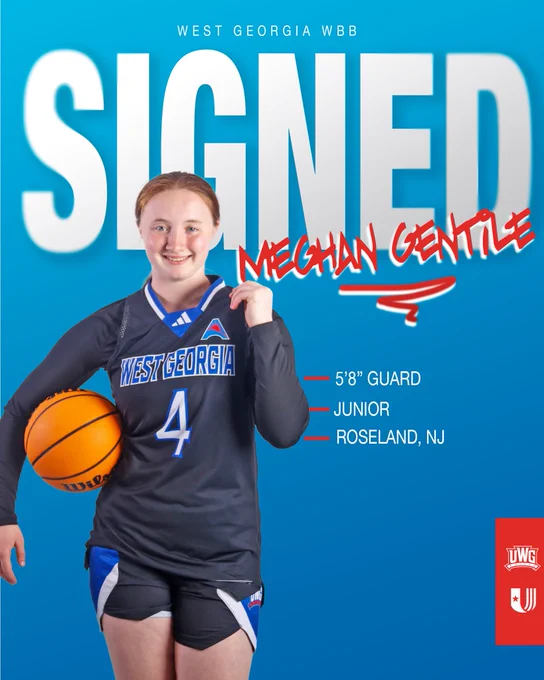 Promotional graphic for West Georgia women’s basketball featuring Megan Gentile. A young athlete in a dark West Georgia uniform with number 4 stands holding a basketball against a blue background. Large white text reads “SIGNED,” with “Megan Gentile” written in red script across it. Additional text identifies her as a 5'8" guard, junior, from Roseland, New Jersey. West Georgia women’s basketball branding appears at the top, with team logos in the lower-right corner.