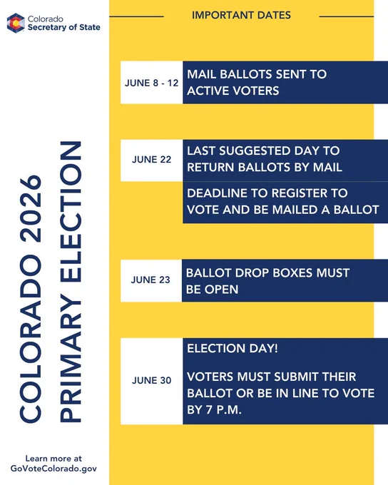Visit Go Vote Colorado DOT GOV trusted election information, including where you can find voter centers, drop boxes, and important deadlines for the June Primary Election