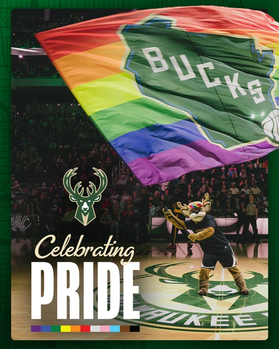 A graphic featuring a photo of Bango waving a large Bucks Pride flag at center court inside Fiserv Forum. Text on the graphic reads, "Celebrating Pride"