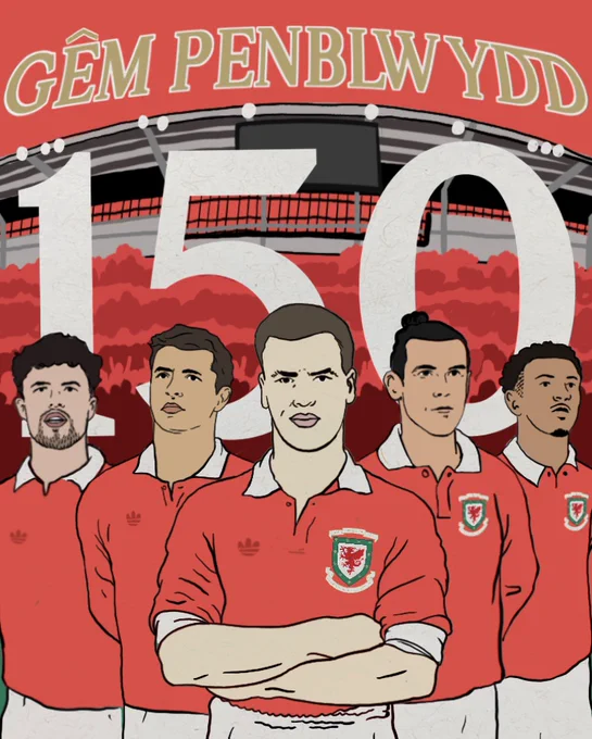 A matchday graphic for Cymru v Ghana, celebrating the FAW's 150th anniversary.