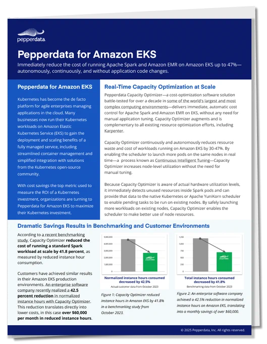 A picture of a data sheet with the title, "Pepperdata for Amazon EKS."