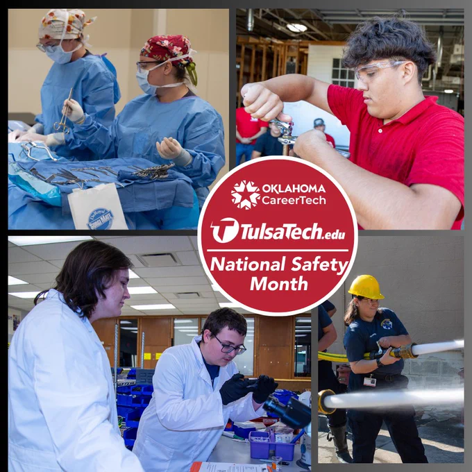 Collage of students and a button saying national safety month