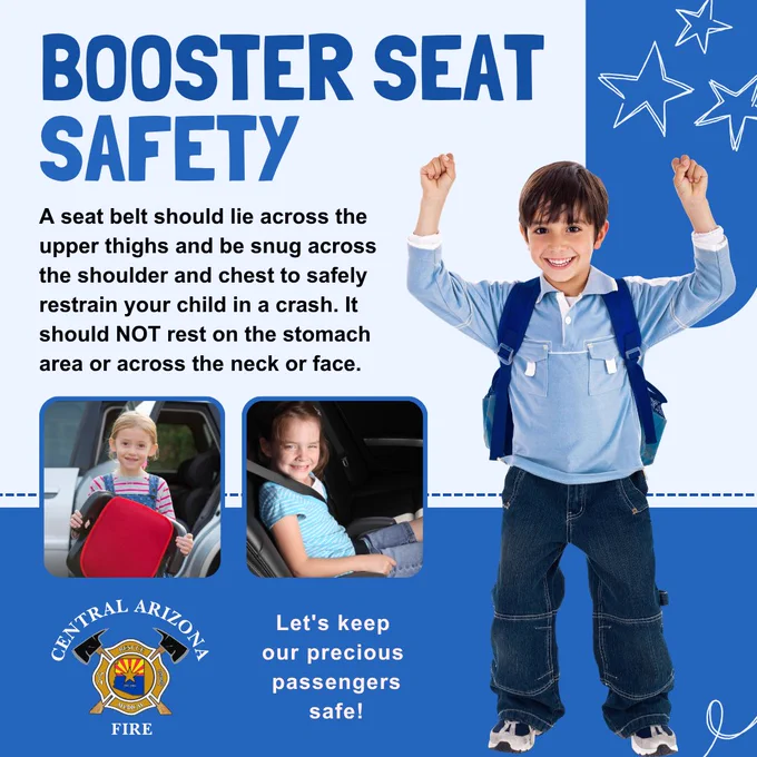 Booster Seat Safety graphic that includes three photos of happy children. Text reads: The seat belt should lie across the upper thighs and be snug across the shoulder and chest to safely restrain your child in a crash. It should not rest on the stomach areas or across the neck or face.