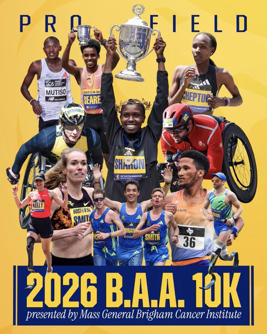 Yellow graphic featuring 13 athletes that are part of the 2026 B.A.A. 10K professional field: Sharon Lokedi, Viola Cheptoo, Rachel Smith, Tatyana McFadden, Dawit Seare, Adriaan Wildschutt, Alexander Mutiso, Robert Miranda, Barry Keane, Murphy Smith, and Daniel Romanchuk