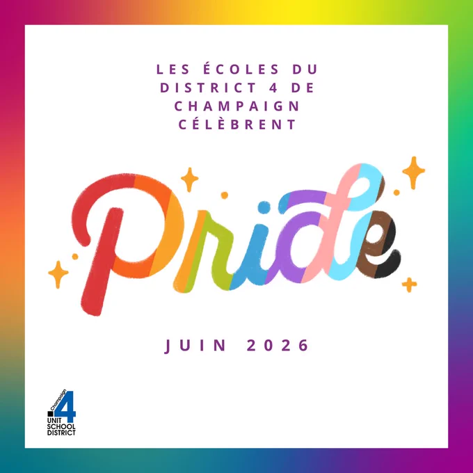Rainbow text "Pride" in multiple colors, stars, and "Les Écoles du District 4 de Champagne Célébrent" above. Date "Juin 2026" below.
