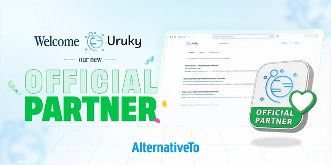 Uruky is announced as the new official partner of AlternativeTo, featuring a search interface and an "Official Partner" badge.