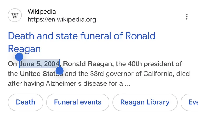 Google search result showing the Wikipedia page for “Death and state funeral of Ronald Reagan” with the date of death, June 5, 2004, highlighted