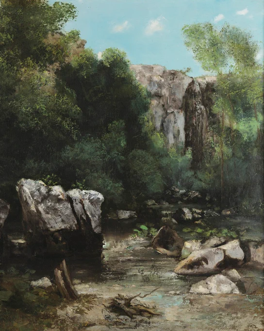 Gustave Courbet, “Gorge dans une Forêt (le Puits Noir)” [“Gorge in a Forest (The Black Well)”] (detail), ca. 1865, oil on canvas, 26 x 32 in., Oklahoma City Museum of Art, gift of Mr. and Mrs. Sylvan N. Goldman, 1981.173, Image by Google