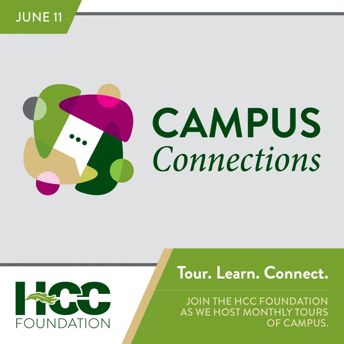 Logo and promotional graphic for "Campus Connections," featuring an abstract speech bubble design. Text includes "Tour. Learn. Connect. Join the HCC Foundation as we host monthly tours of campus." Date provided is June 11.