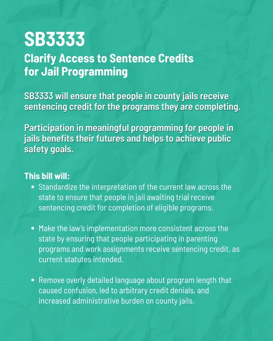 Teal graphic with text that reads, "SB3333: Clarify Access to Sentence Credits for Jail Programming. SB3333 will ensure that people in county jails receive sentencing credit for the programs they are completing. 

Participation in meaningful programming for people in jails benefits their futures and helps to achieve public safety goals.

This bill will:
Standardize the interpretation of the current law across the state to ensure that people in jail awaiting trial receive sentencing credit for completion of eligible programs.

Make the law’s implementation more consistent across the state by ensuring that people participating in parenting programs and work assignments receive sentencing credit, as current statutes intended.

Remove overly detailed language about program length that caused confusion, led to arbitrary credit denials, and increased administrative burden on county jails."