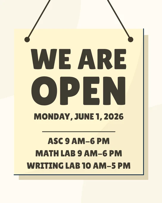 on a pale yellow background is clip art of a hanging yellow sign with dark brown text. The sign is centered in the image and takes up the majority of the image. There is a large heading centered at the top with a smaller heading underneath it. A thin horizontal line separates the headings from today's hours of operation for the various tutoring centers on Miramar College's campus.