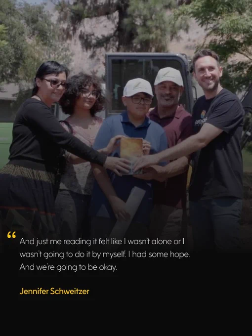 A group of five people outdoors, smiling and holding a book. A quote from Jennifer Schweitzer is overlaid in the image, conveying hope and unity.
