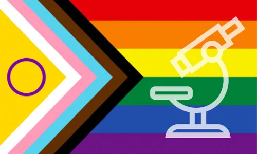 Progress Pride flag with a white microscope icon overlay symbolizing LGBTQ  representation in science.