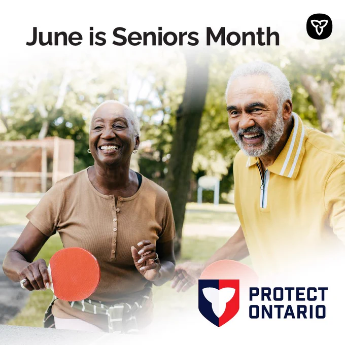 Photo of a senior couple outdoors playing ping pong

Text: June is Seniors Month
