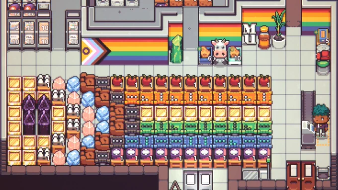 Discount screenshot showing a highly decorated supermarket in a pixel art style. The walls are adorned with wallpaper in the design of the pride progress flag, and shelves and decorations are arranged in the same pattern on the shop floor.