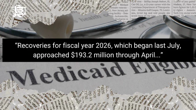 Newspaper headline with text: “Recoveries for fiscal year 2026, which began last July, approached $193.2 million through April…”
Logo of the New Jersey Office of the State Comptroller 
