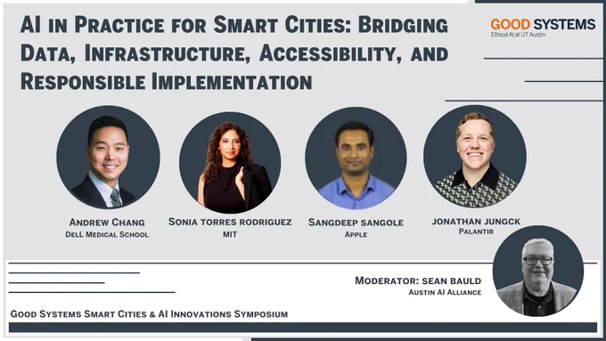 Good Systems Smart Cities & AI Innovations Symposium graphic for the “AI in Practice for Smart Cities” panel, titled “Bridging Data, Infrastructure, Accessibility and Responsible Implementation.” The graphic features circular headshots of Andrew Chang of Dell Medical School, Sonia Torres Rodriguez of MIT, Sangdeep Sangole of Apple and Jonathan Jungck of Palantir, with moderator Sean Bauld of Austin AI Alliance shown below. Good Systems logo appears in the top right.