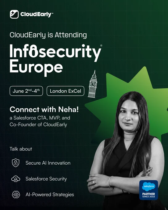 CloudEarly announcement graphic for Infosecurity Europe 2025. The design features a dark green background with the CloudEarly logo and the text "CloudEarly is Attending Infosecurity Europe." Event details include June 2-4 at London ExCeL. A portrait of Neha Nagori, Salesforce CTA, MVP, and Co-Founder of CloudEarly, appears on the right side. The graphic highlights discussion topics including Secure AI Innovation, Salesforce Security, and AI-Powered Strategies. A Salesforce Partner badge is displayed in the bottom right corner.