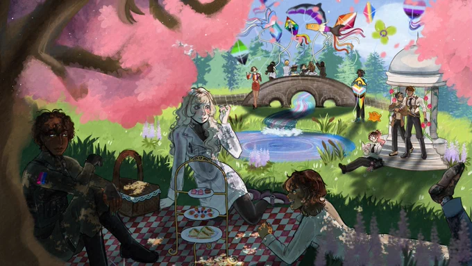 A group of many queer characters from the SCP Foundation's lore gathered together in a rolling green field under a cherry-blossom tree to celebrate.