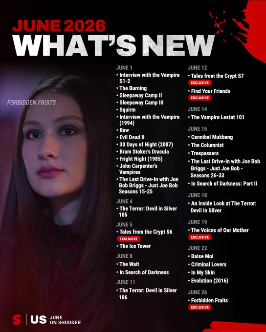 A promotional image displaying a list of new shows and movies coming to Shudder in June 2026. The list includes several horror titles and exclusive releases.